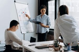 Business team discussing strategy with a presentation in a modern office setting.